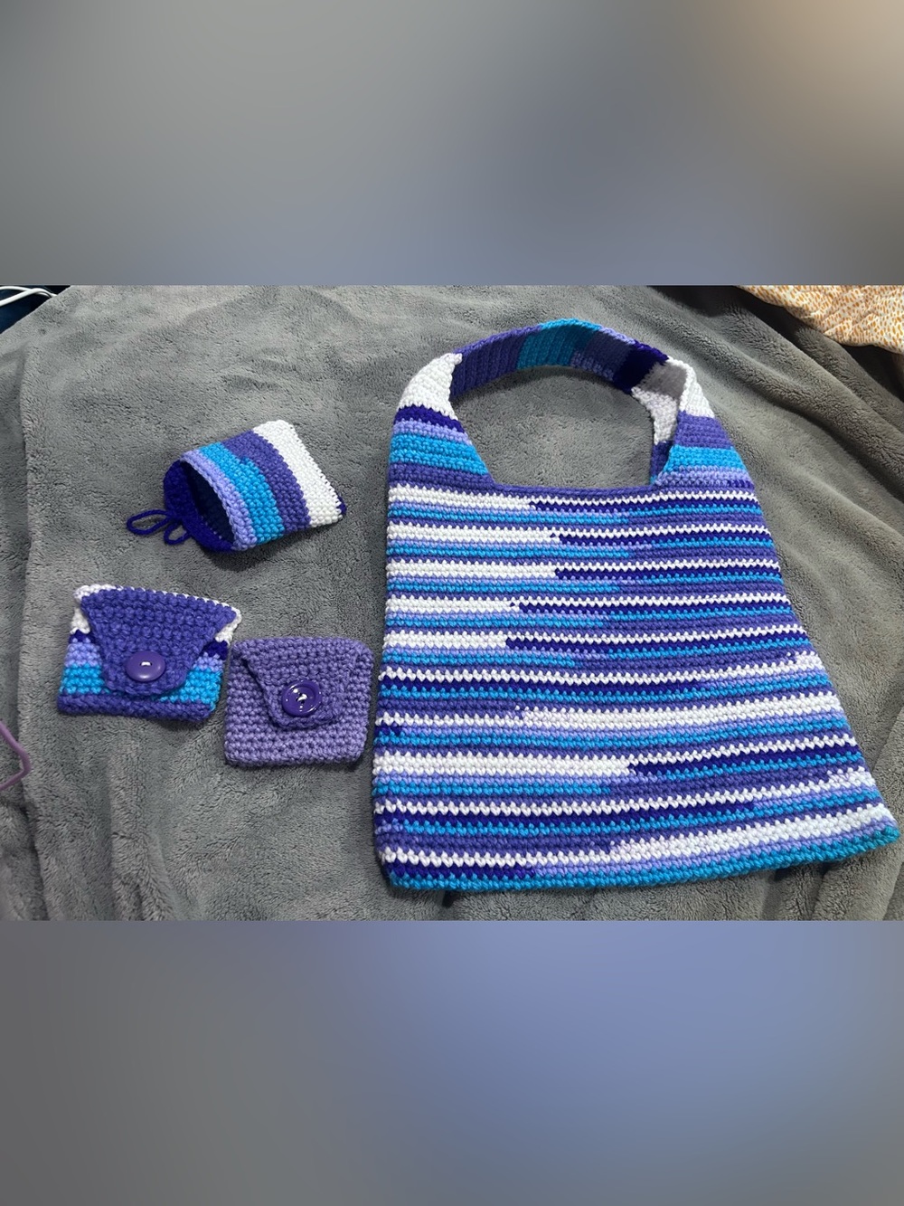 Handmade Crochet Shoulder Bag - Purple & Blue Stripes with matching pouches